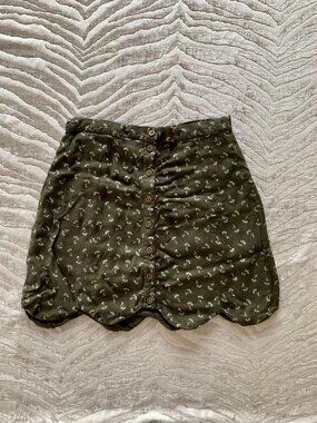 Olive Green Full Button Down Scalloped Skirt | Dark Green Floral Mini Skirt